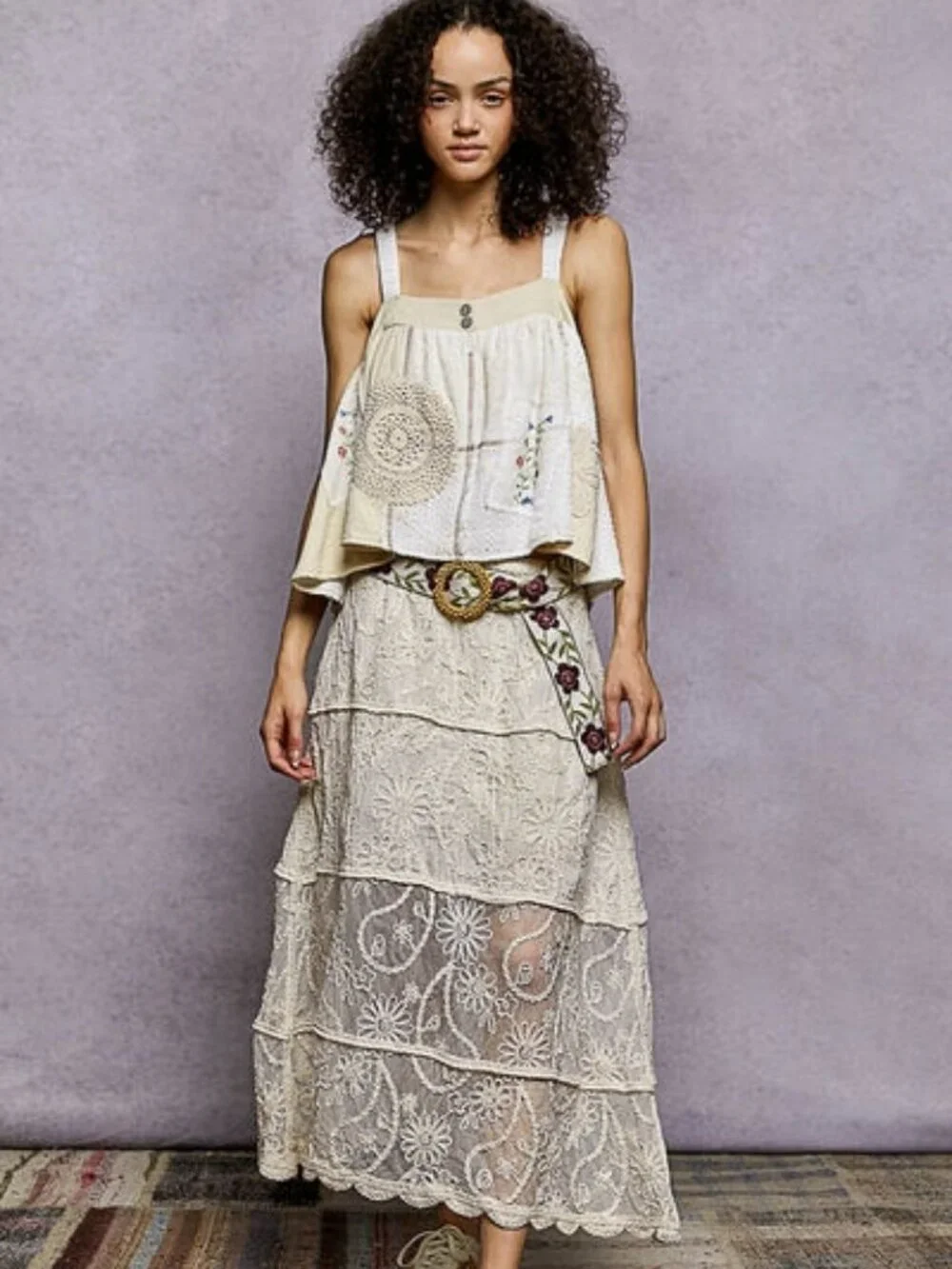Floral Embroidered Tiered Crochet Skirt Boho Cottagecore Style - Picture 5 of 5